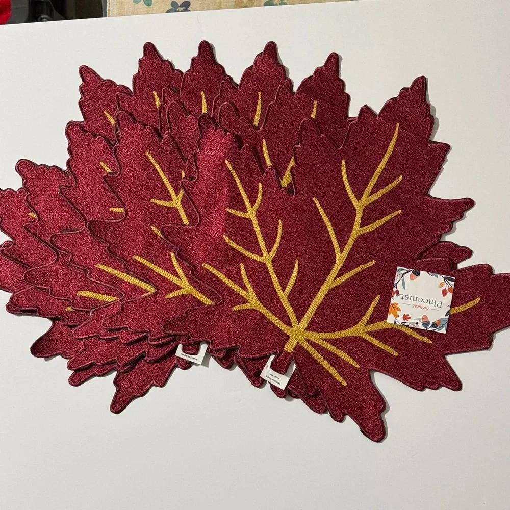 Fall Decorative Place Mat - Burgundy Maple Leaf with Gold Veins, Set of 6